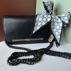 AIMEE KESTENBERG Black Leather Chain Strap Crossbody Bag with Bow Accent